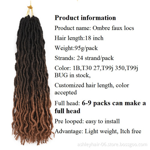 High Temperature Colored Ombre 18 Inch Goddess Faux Locs Locks Dreadlocks Crochet Braids Braid Hair Extension